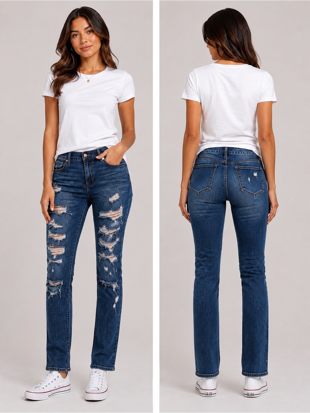 Mid-Rise Distressed Straight Leg Jeans - Dark Blue